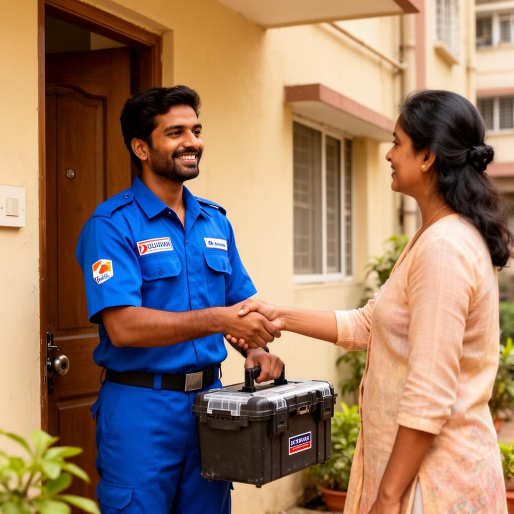 Sri Bhavani technician arriving at customer doorstep in Bangalore with toolkit